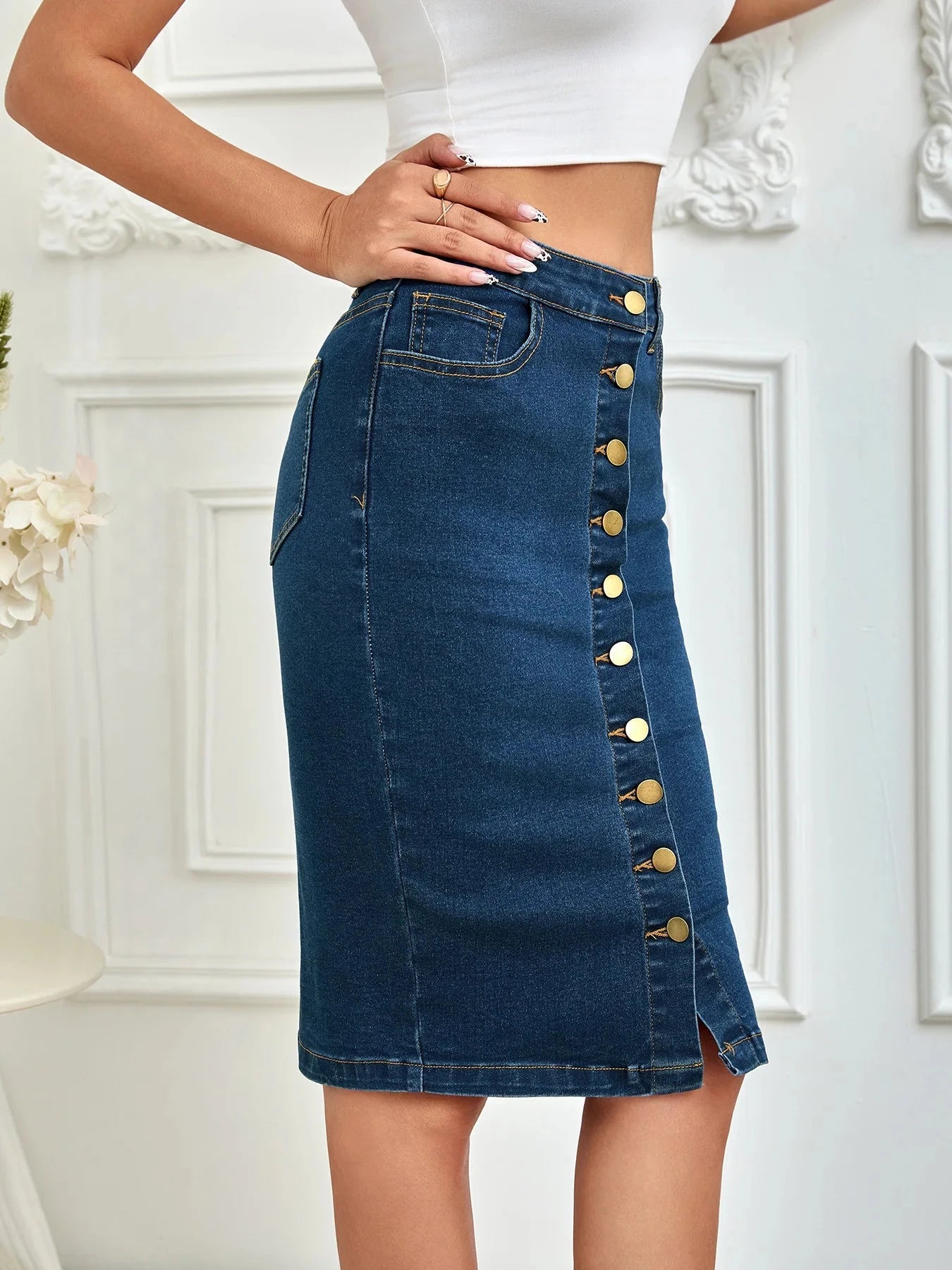 2025 Spring New Women's Summer Front Multi-Button Denim Skirt Fashion Elastic Knee Length Slim Hip-hugging Jeans Pencil Skirt GlowCart