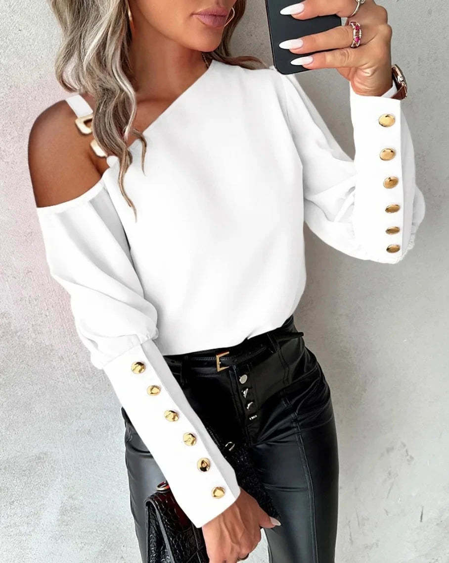 Fashion Lantern Sleeve Button Splicing Shirt Women Elegant GlowCart