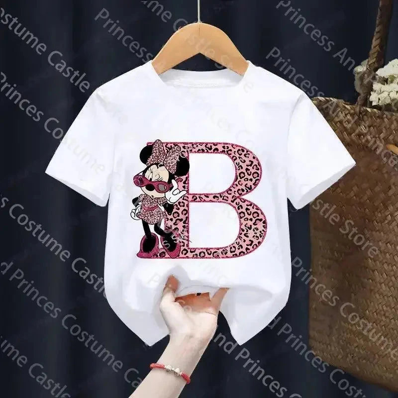 Letter A-Z Minnie Children  T-Shirts Name Combination Disney Kawaii Cartoons Clothes Kids Little Boy Girl Tee Shirts Casua GlowCart