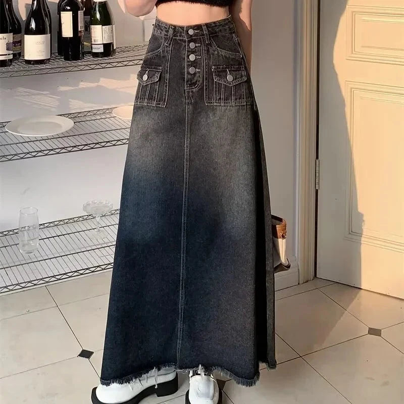 New Streetwear Denim Skirt Spring Summer Fashion Frayed Hem Pocket High Waist Long Jeans Skirt Loose Plus Size Skirt S-5XL GlowCart