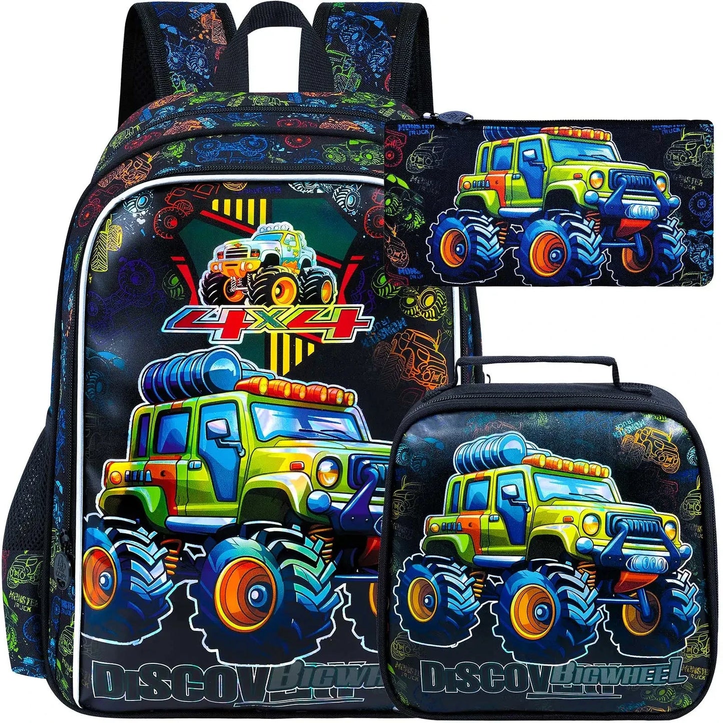 3PCS Boys Truck Backpack, Kids Car Bookbag with Lunch Box, Water Resistant School Bag for Elementary Preschool Toddler GlowCart