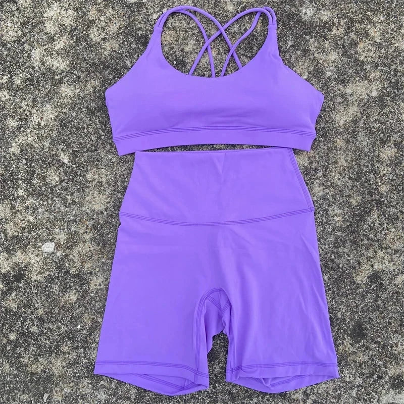 Solid Color Gym Bike Yoga Set Short Legging Cross Back Sport GlowCart