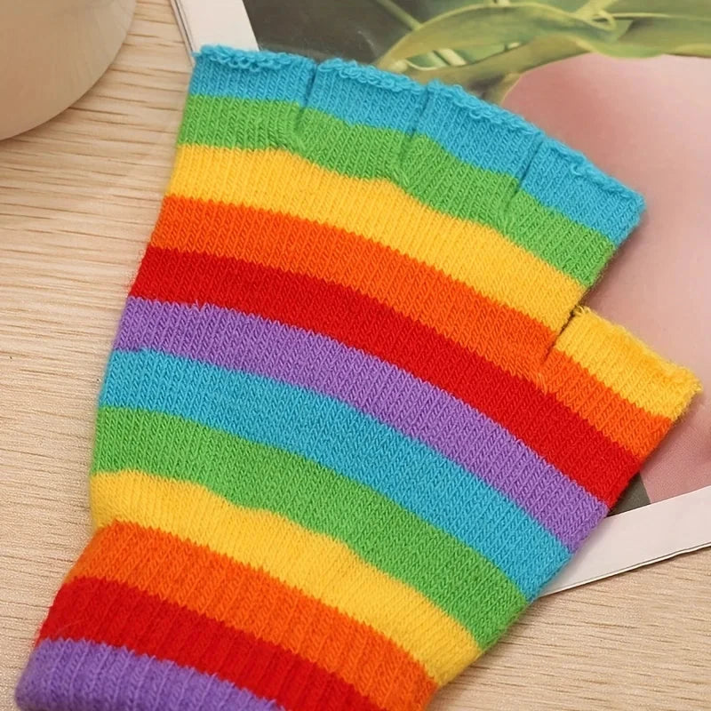 Rainbow Striped Knit Gloves, Thickened Warm Half-Finger GlowCart