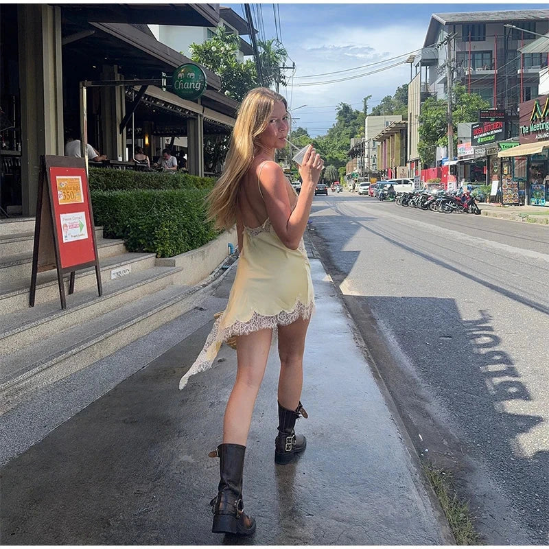 Sexy Lace Patchwork Sling Dress Women Satin Off-shoulder GlowCart