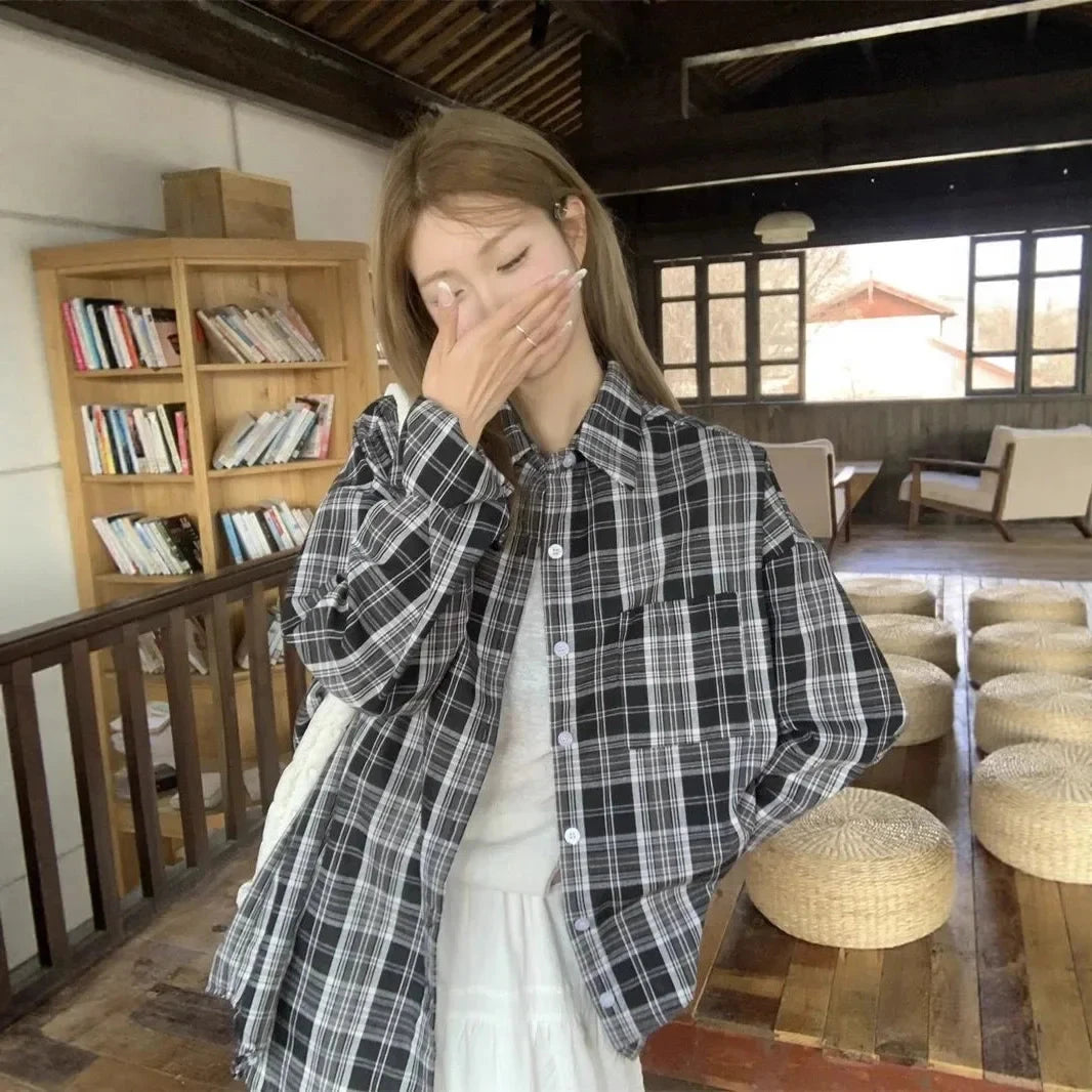 Caramel Plaid Long Sleeve Women's Shirt Casual Loose Style GlowCart