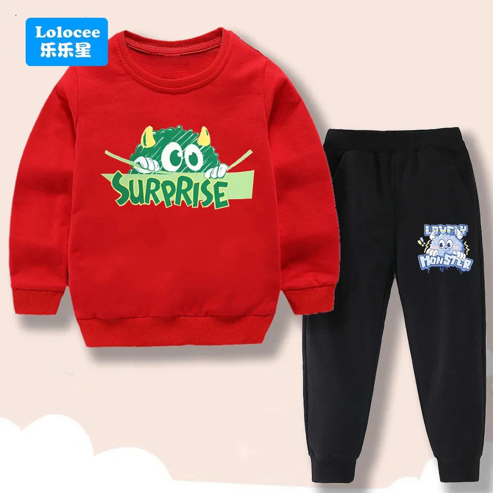 Spring/Autumn Children's Clothing Sets Cartoon Monster Print Boys' O Neck Sweatshirt Pants Two Piece Pullover Set for Kids GSJX1 GlowCart