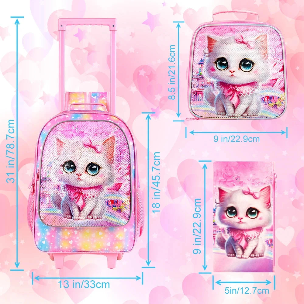 4PCS Rolling Backpack for Girls, Kids Cat Roller Wheels School Bookbag with Lunch Bag, Wheeled School Bag for Toddler Elementary GlowCart