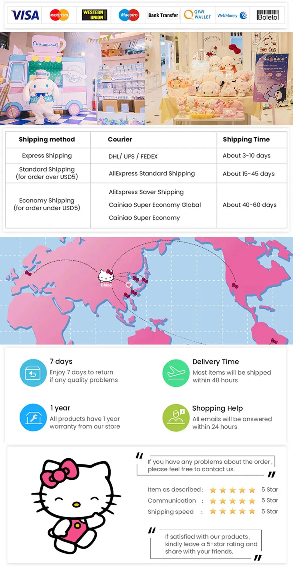 25cm Anime Sanrio Plush Doll Toys  Kawaii Hello Kitty Kuromi GlowCart