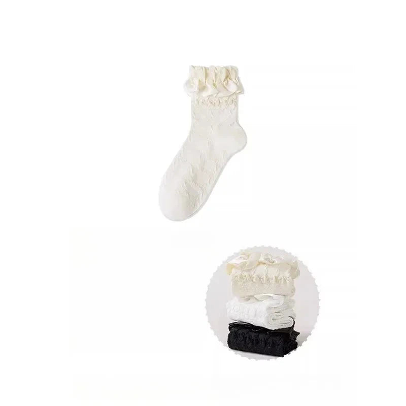 3 Pairs Woman Lolita Cute Black White Socks Set Spring GlowCart