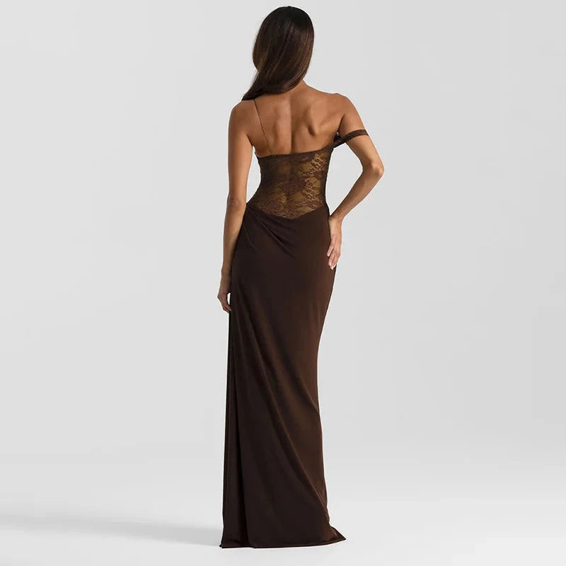 Mozision One Shoulder Lace See Through Sexy Maxi Dress Women GlowCart