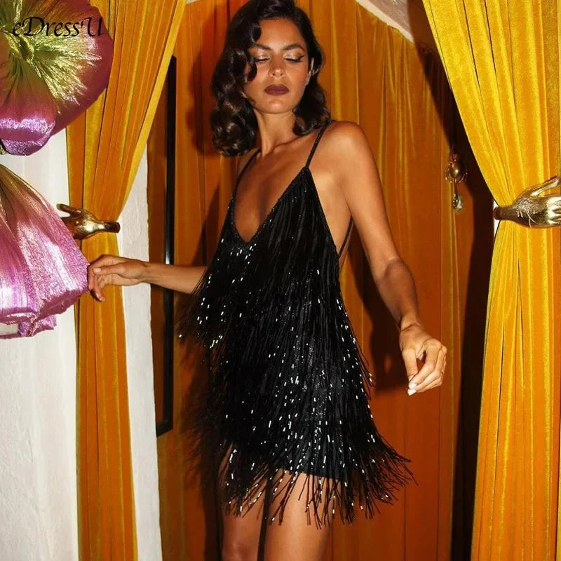 Women Sexy Deep V-Neck Spaghetti Straps Fringe Bodycon Mini GlowCart