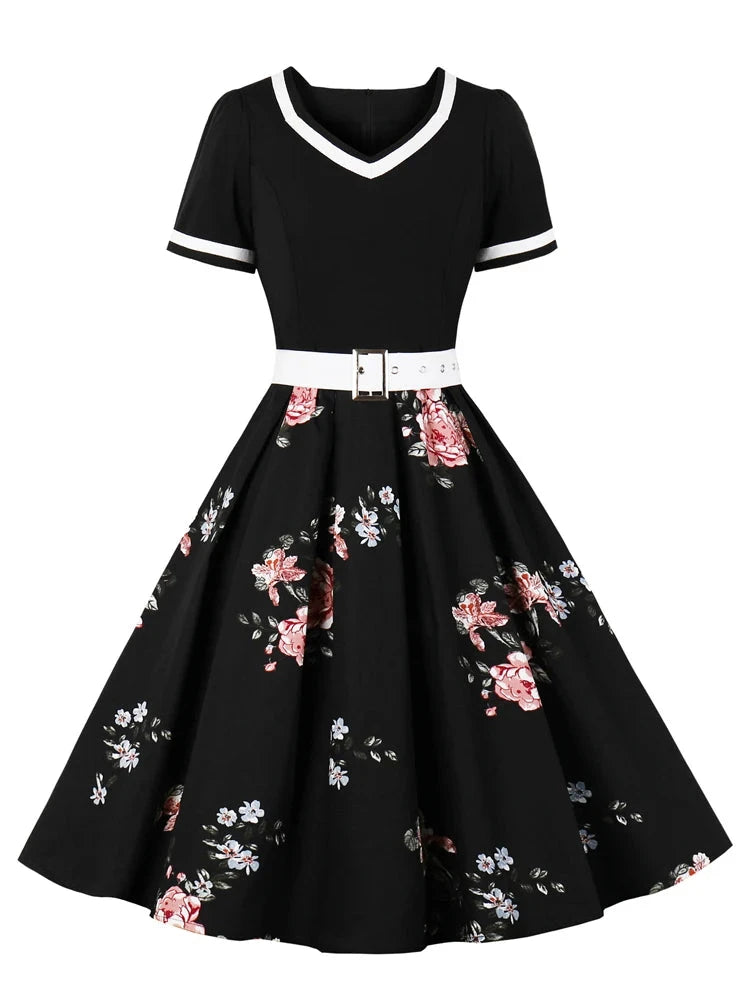 Tonval Vintage 50s Ladies Floral Pleated Rockabilly Dress GlowCart