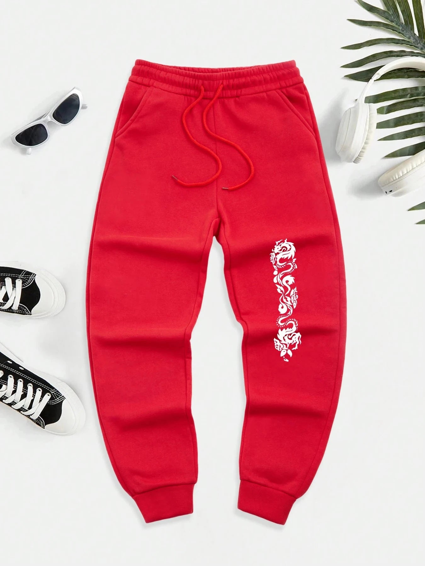 Creative Double Dragon Prints Sweatpants Men Street Fleece GlowCart