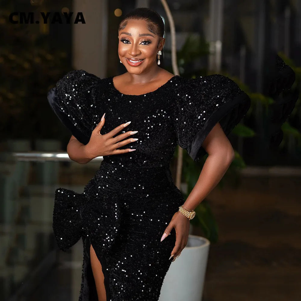 CM.YAYA Women Short Sleeve O-neck High Side Split Sequined Bodycon Midi Maxi Dress 2023 Sexy Party Birthday Long Dresses Vestido GlowCart