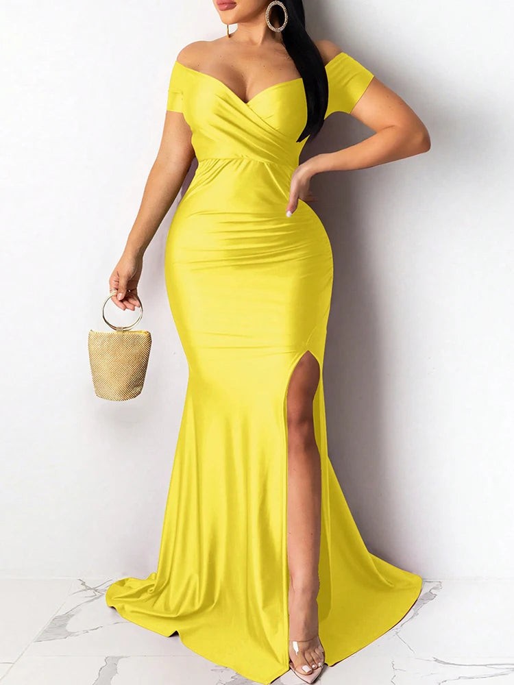 Classic High Slit Evening Dress Women Solid Maxi Long Dresses With Sleeves Wedding Bridesmaid Elegant Party Dresses 2025 Woman GlowCart