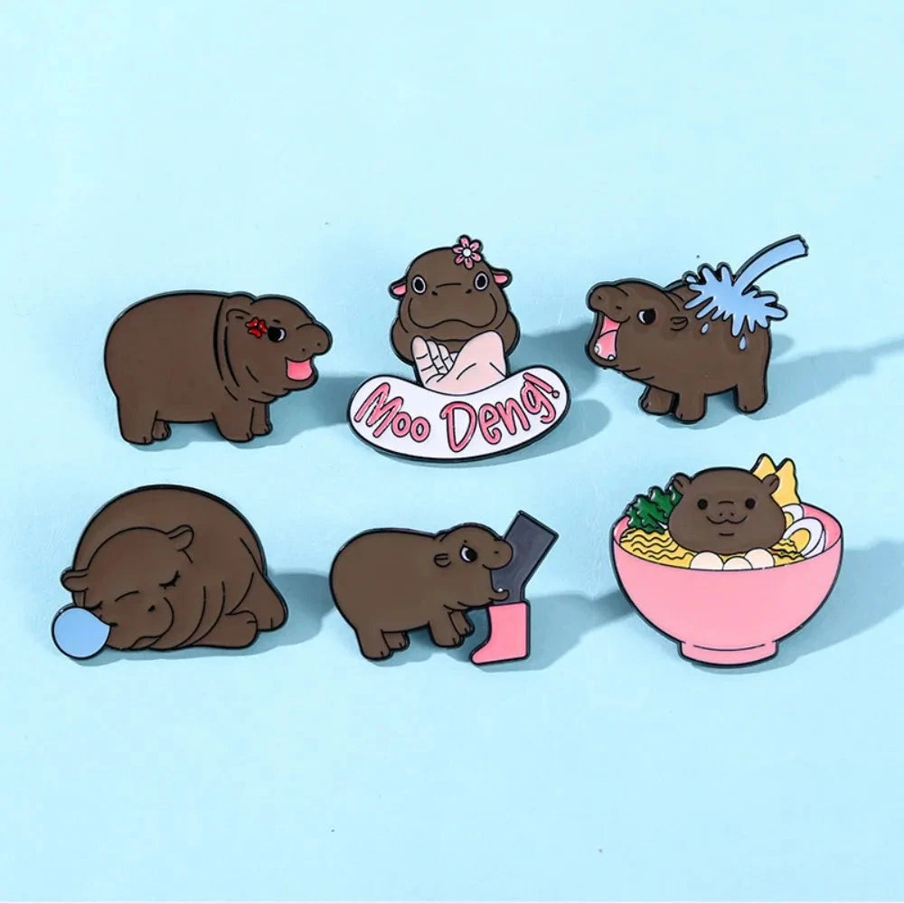 Cute Hippopotamus Enamel Brooch Cartoon Animal Thai MooDeng GlowCart