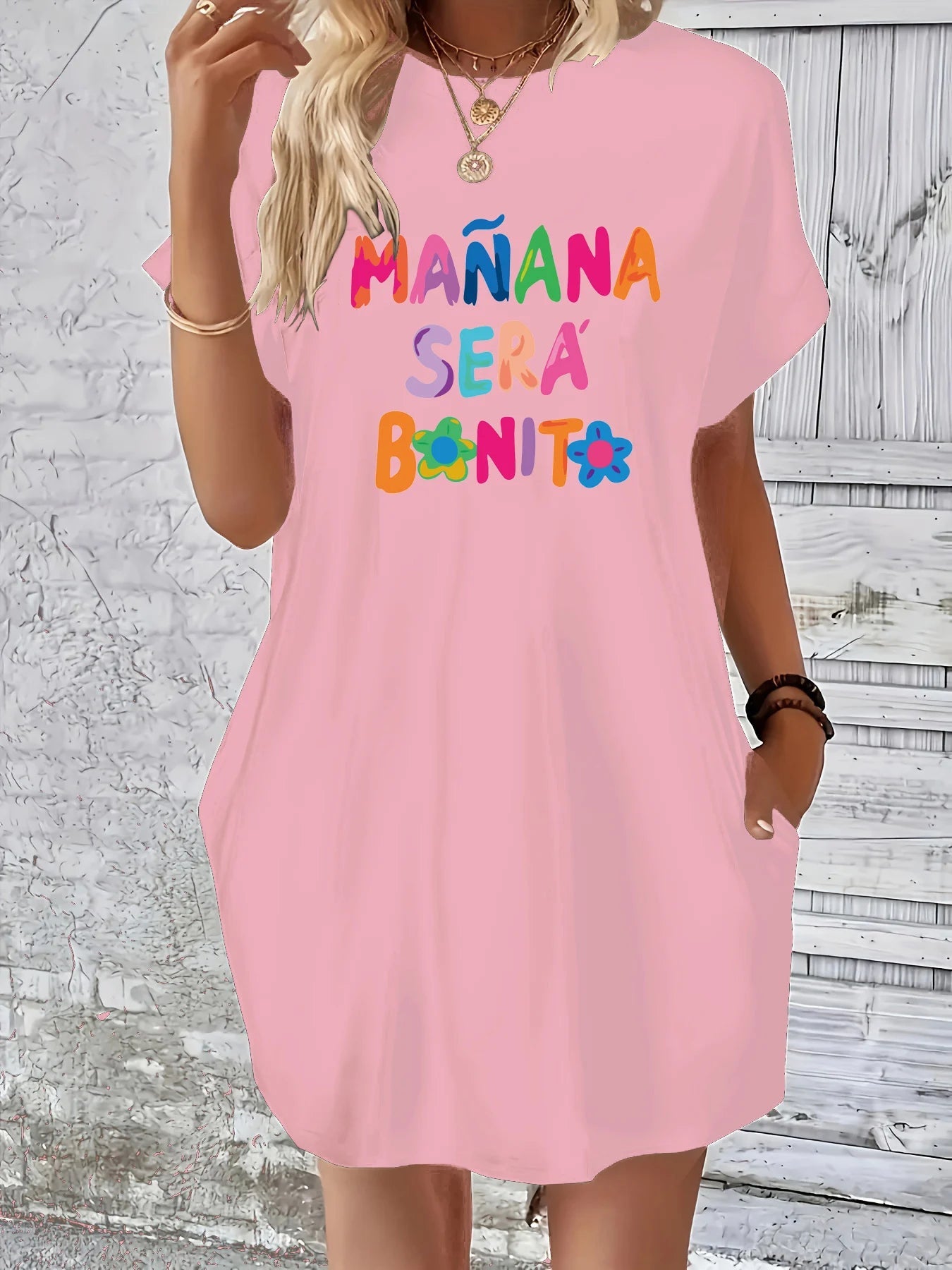 Women's MANANA letter print loose short sleeved round neck pocket summer Women's Dress Casual plus size casual dress GlowCart