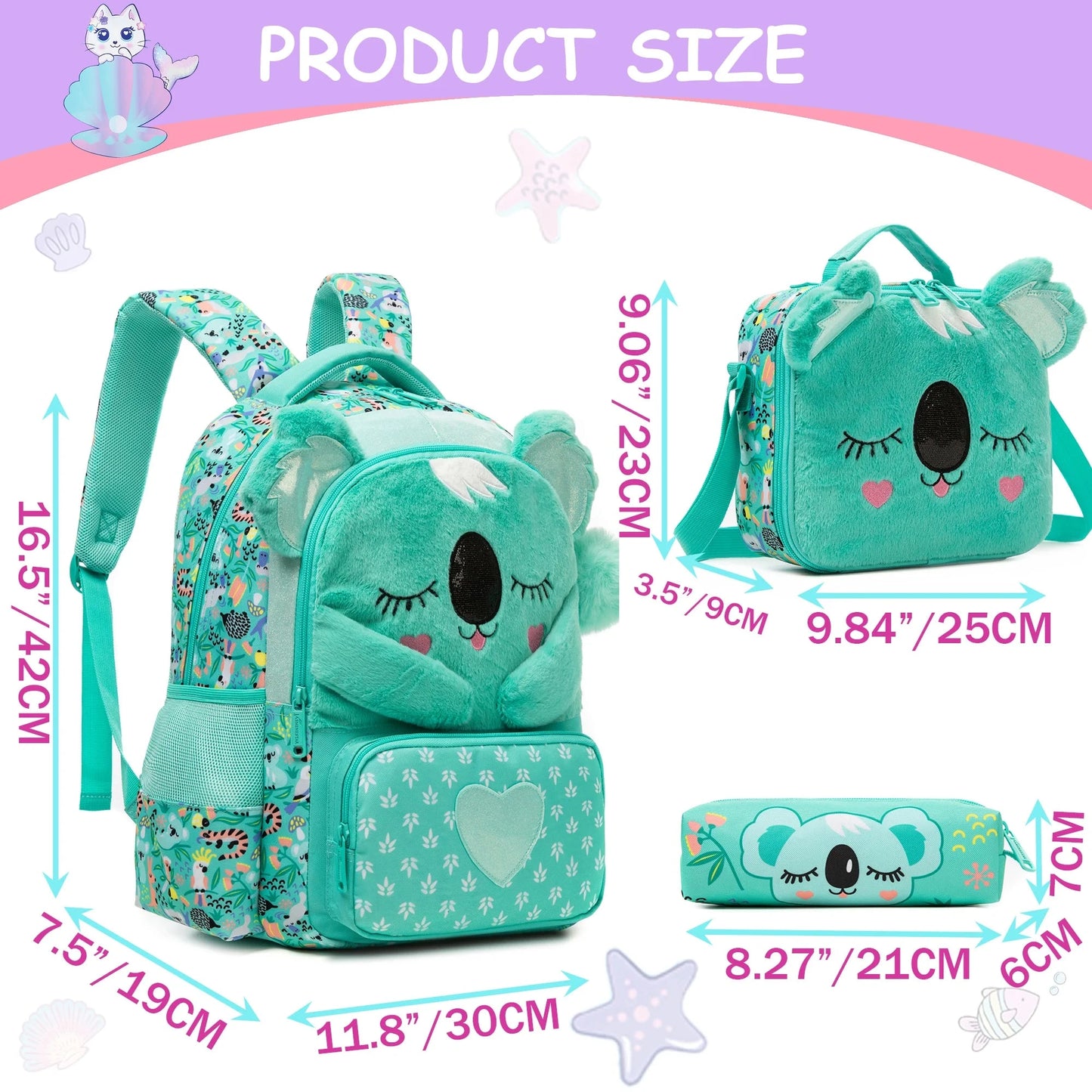 kids backpacks with Lunch Bag for girls 3pcs girls bookbag and Lunch Box Set for Elementary Middle School GlowCart