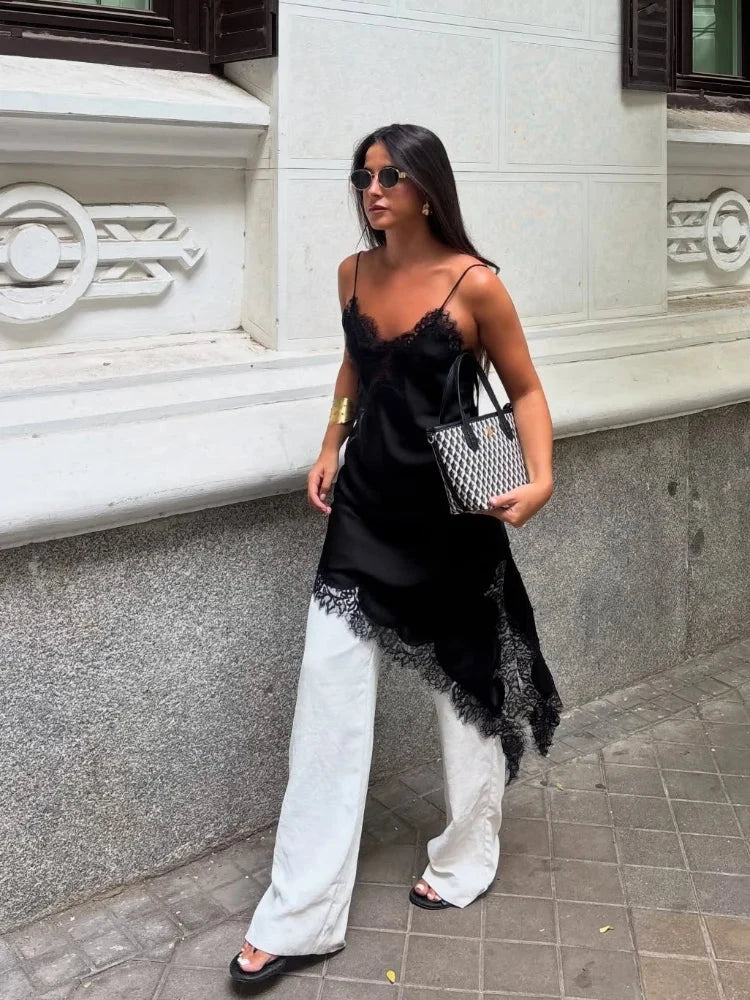 Sexy Lace Patchwork Sling Dress Women Satin Off-shoulder GlowCart