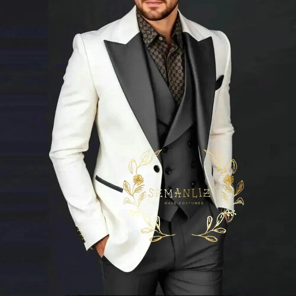 Ivory Jakcet Dark Green Vest Pant Men's 3-piece Suit Set GlowCart