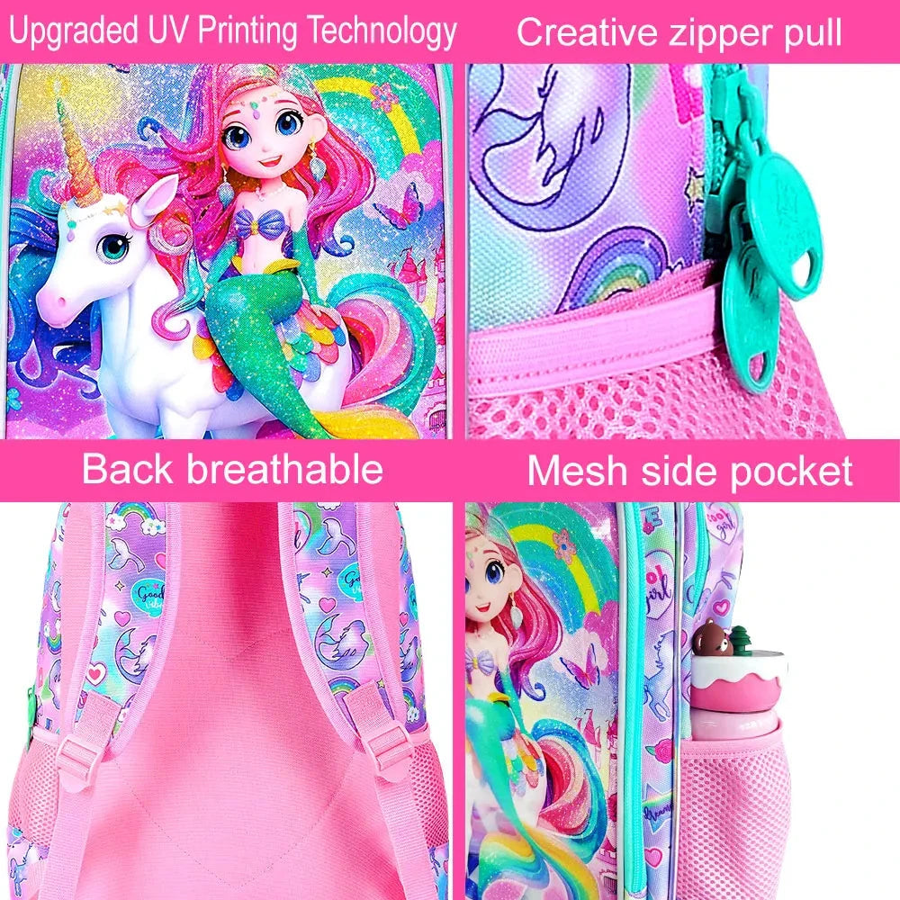 3PCS Mermaid Backpack for Girls, 16" Kids Backpacks Water Resistant with Lunch Box, Bookbag for Elementary Preschool GlowCart