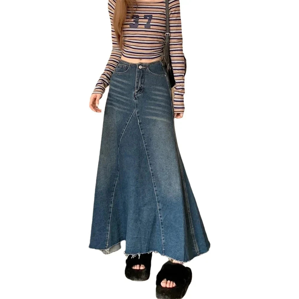 2025 Autumn Women's Y2K Jeans American Retro High Waist Denim Skirt Raw Hem Mermaid Maxi Length Flared Style  2750 GlowCart