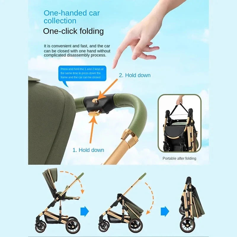High-fit Baby Stroller Can Sit and Lie in Both Directions to Implement One-Click Folding High-View Children's BB Stroller GlowCart