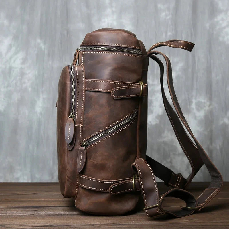 Retro Crazy Horse Leather Vertical Style Backpack Men's Head GlowCart