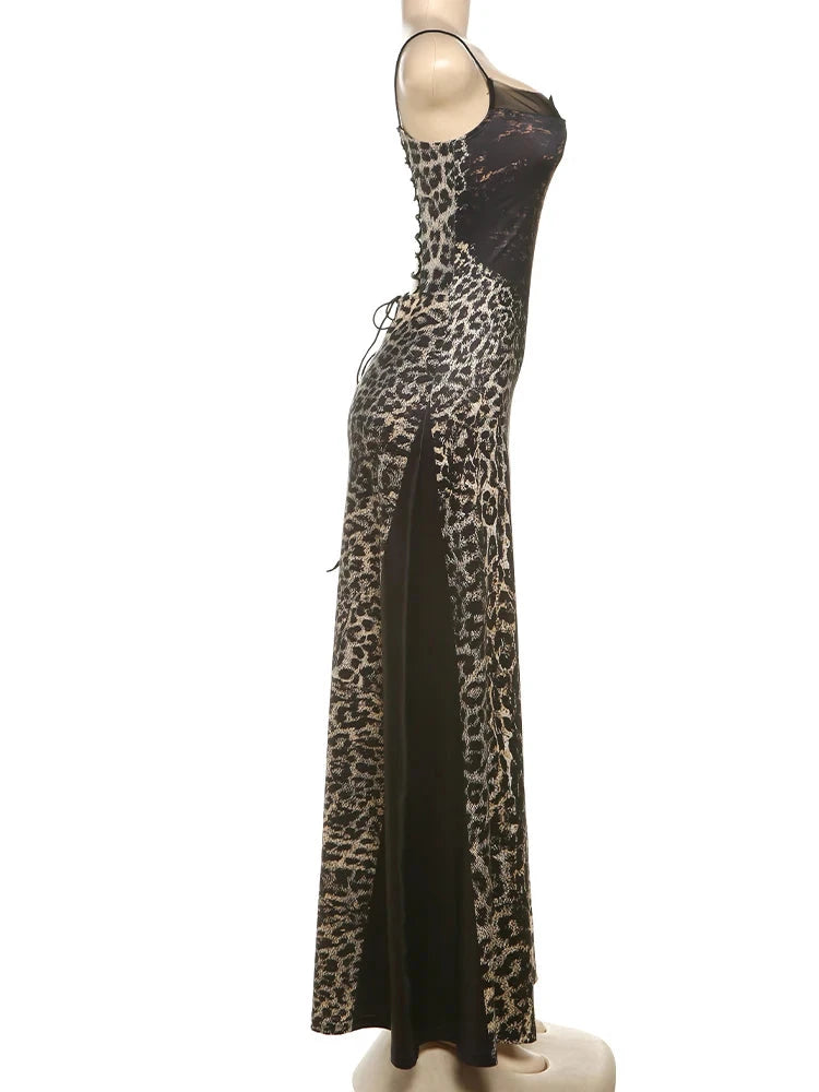 kliou Suspendency Maxi Dress Women Leopard Panelled Draped GlowCart