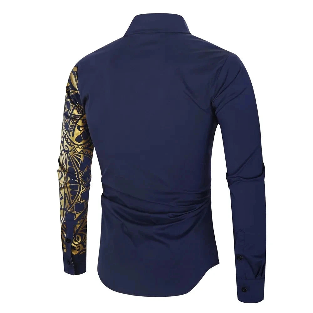 Men's White Long-sleeved Shirt with Gold Print Decoration, GlowCart