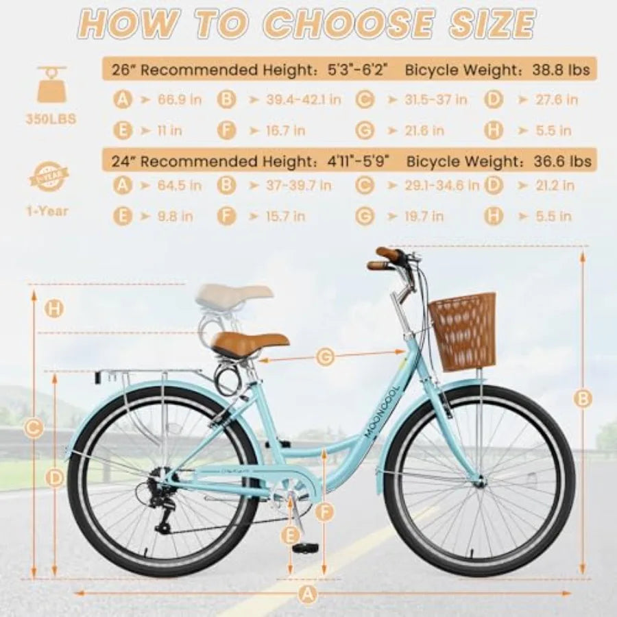 Womens Bike 7 Speed 24 26 inch Beach Cruiser Bikes for Women Step Through Adult Bicycle with Front Basket for City Commuting GlowCart