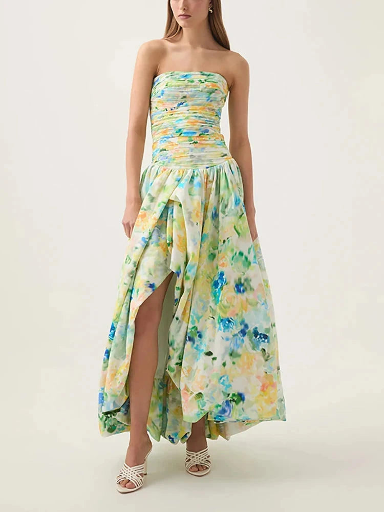 Sexy Strapless Printed Split Deign Long Bubble Dress Women GlowCart
