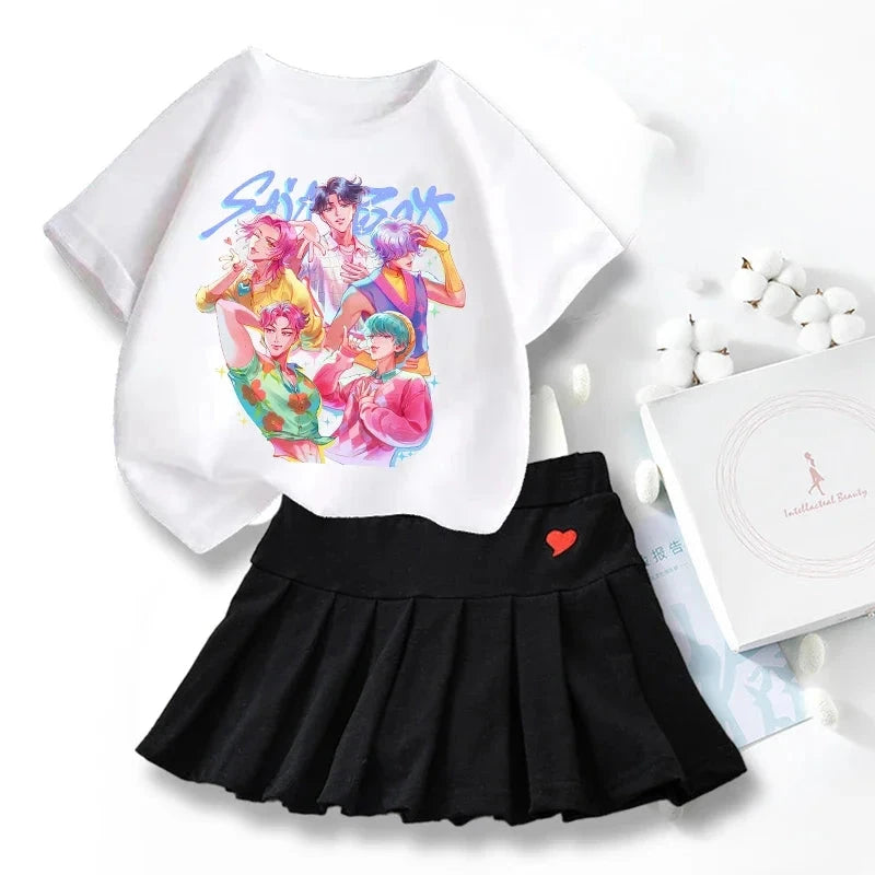 New K Pop Demon Hunters T-shirts Skirt Set Kawaii Cartoon Graphic T-shirt Kids Casual Short Sleeves Tops Summer Girl Clothes GlowCart
