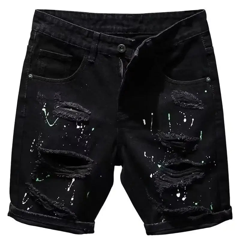 Summer Casual Men's Denim Shorts Korean Straight Washed Jeans Short Ins Ripped Cat Whisker Ink Splash Plaid Black Five-Pants GlowCart