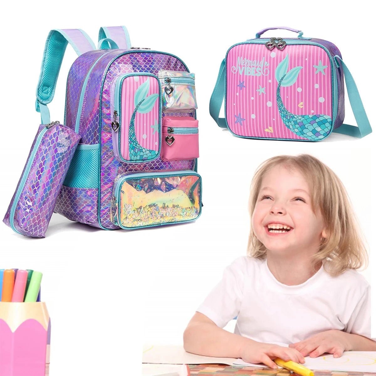 Meetbelify Mermaid Backpack for Girls Bookbag for Girls with Lunchbag and Penbag for Elementary Students GlowCart