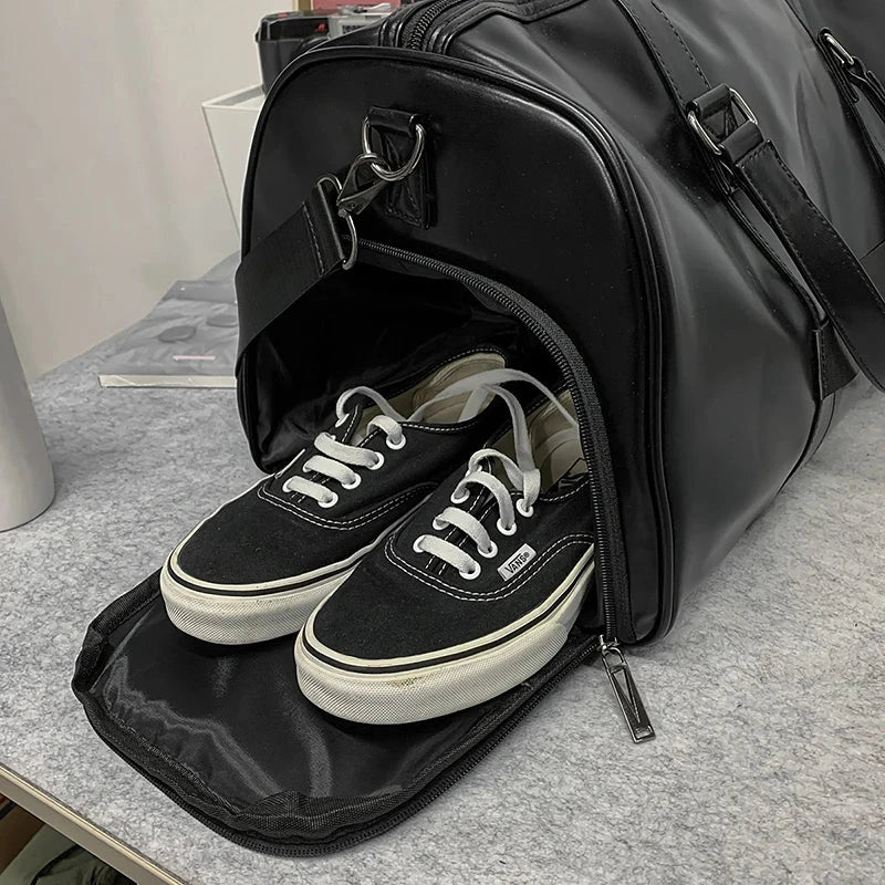 Minimalist Black PU Leather Travel Duffel Bag for Men Water GlowCart