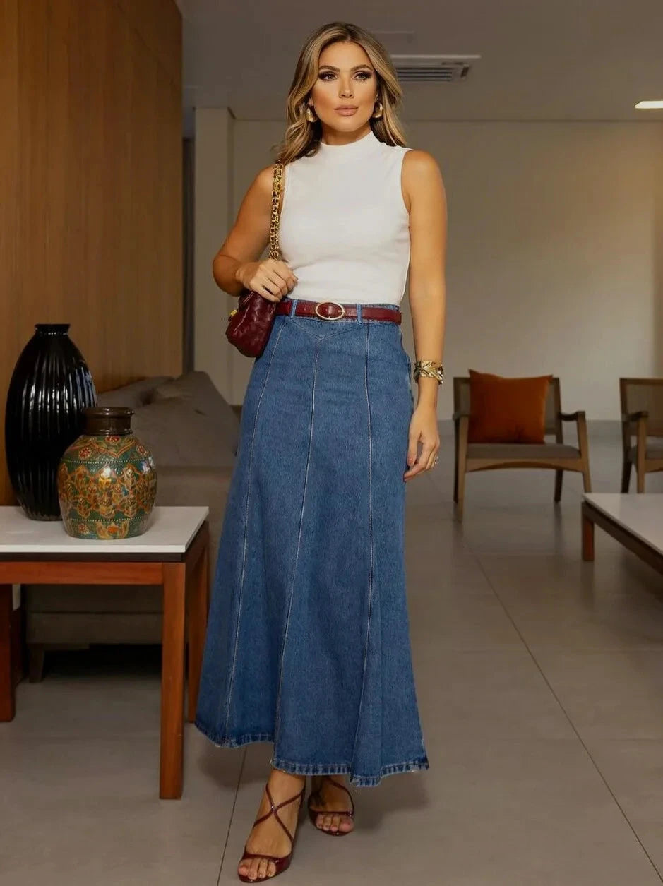 Women's dark blue denim skirt high waist elastic American retro denim long skirt casual design flared skirt GlowCart