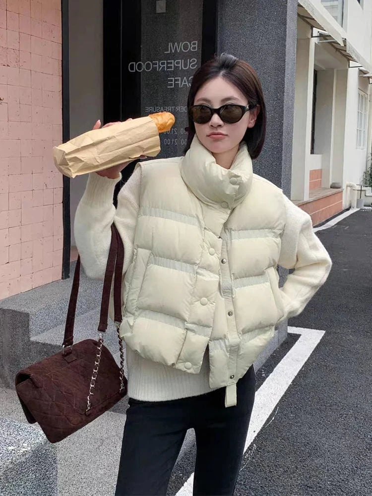 Autumn Winter Solid Stand Collar Puff Down Vest Women White GlowCart