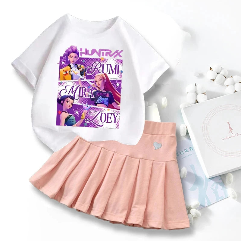 New K Pop Demon Hunters T-shirts Skirt Set Kawaii Cartoon Graphic T-shirt Kids Casual Short Sleeves Tops Summer Girl Clothes GlowCart