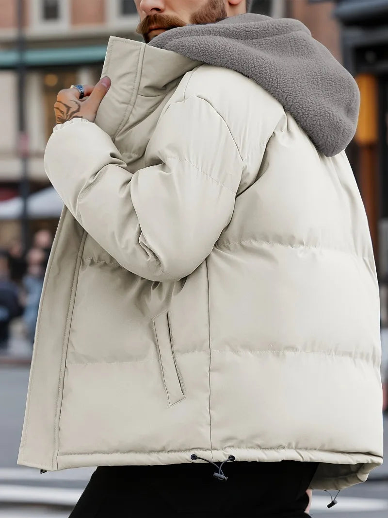 Winter Windproof Men's Faux Jacket Casual Polyester Coat with Detachable Hood Zip-Up Front Long Sleeves & Pockets Winter Clothes GlowCart