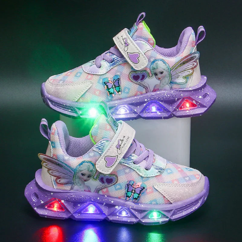 Disney Children's Sports Shoes Led Lights Sneaker Cartoon Frozen Princess  Elsa PU Leather Girls' Pink Children's Running Shoes GlowCart