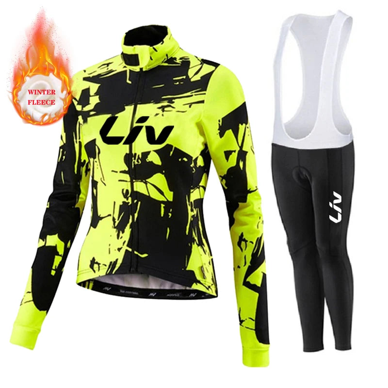 Liv Women Team Winter Fleece Long Sleeve Cycling Jersey Set Mountian Bicycle Clothes Wear Ropa Ciclismo Racing Bike Jersey Suit GlowCart