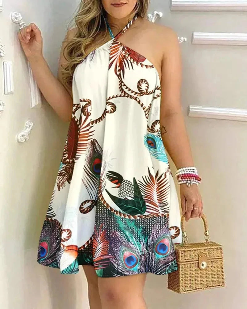 Tropical Print Halter Neck Dress, Vacation Style Backless GlowCart