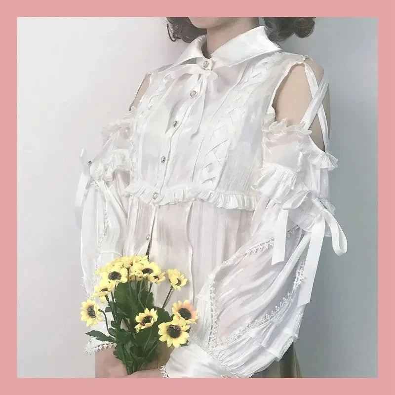 SOIOMES European White Lace Chiffon Lolita Top with Black GlowCart