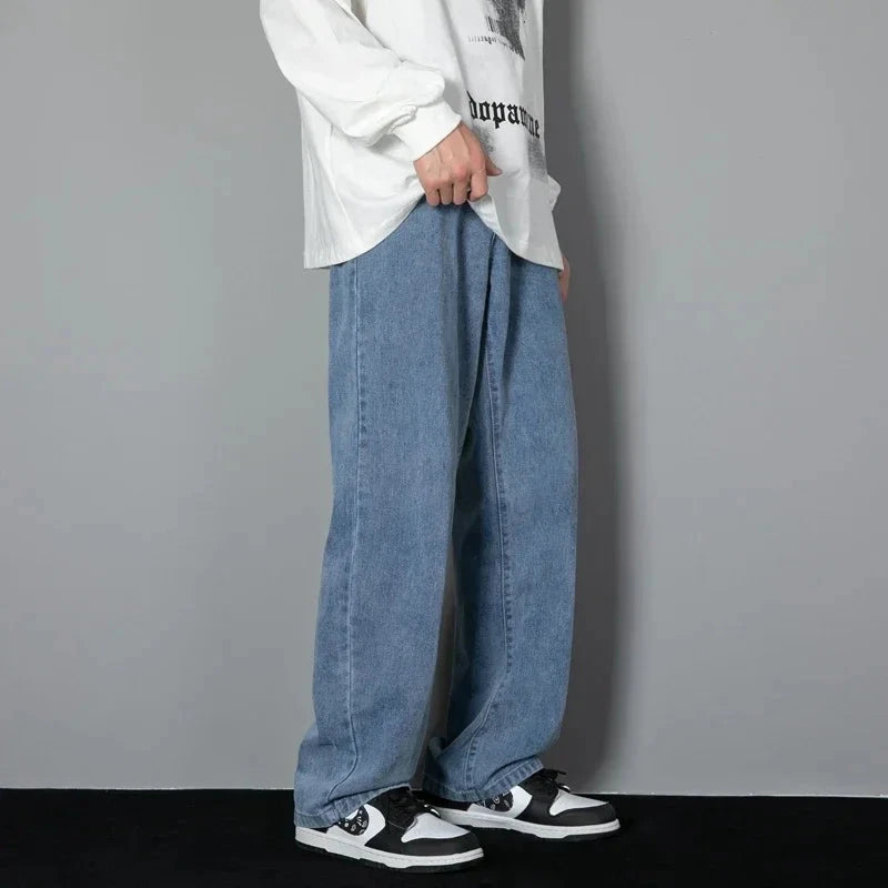 2025 New Korean Men Casual Long Straight Jeans Wide Leg GlowCart