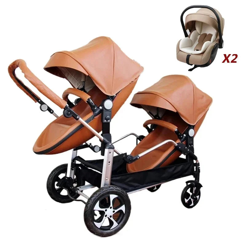NEW Twins baby stroller 2 in 1 foldable two children PU leather waterproof stroller Double baby carriage twin strollers for 2 GlowCart
