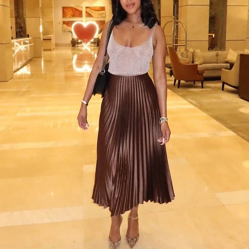 HXAO Women's Pleated Skirt Summer Brown Ruffle Skirt Cylinder Pleats Mid Waist Midi Skirt Fashion Elegant Women Long Skirt 2025 GlowCart