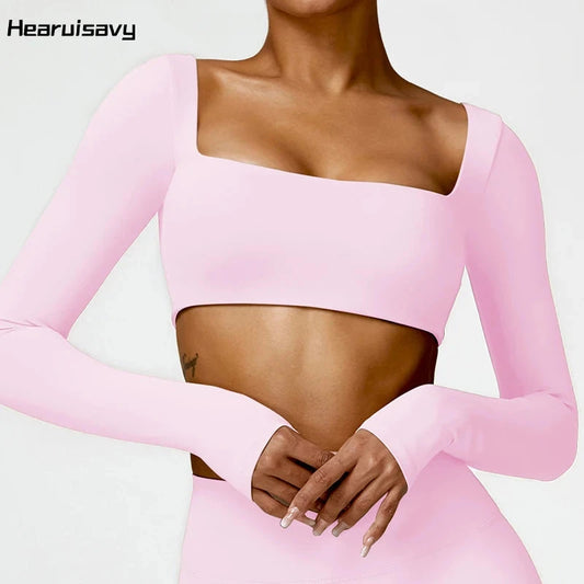 Hearuisavy Casual Quick Dry Sportswear Women Square Neck Gym Top Women Fitness Sports Crop Top Female Long Sleeve Yoga Clothing GlowCart