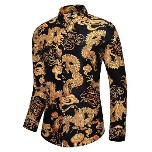 Thin Black Men's Long-sleeved Printed Shirt, Chinese Dragon GlowCart