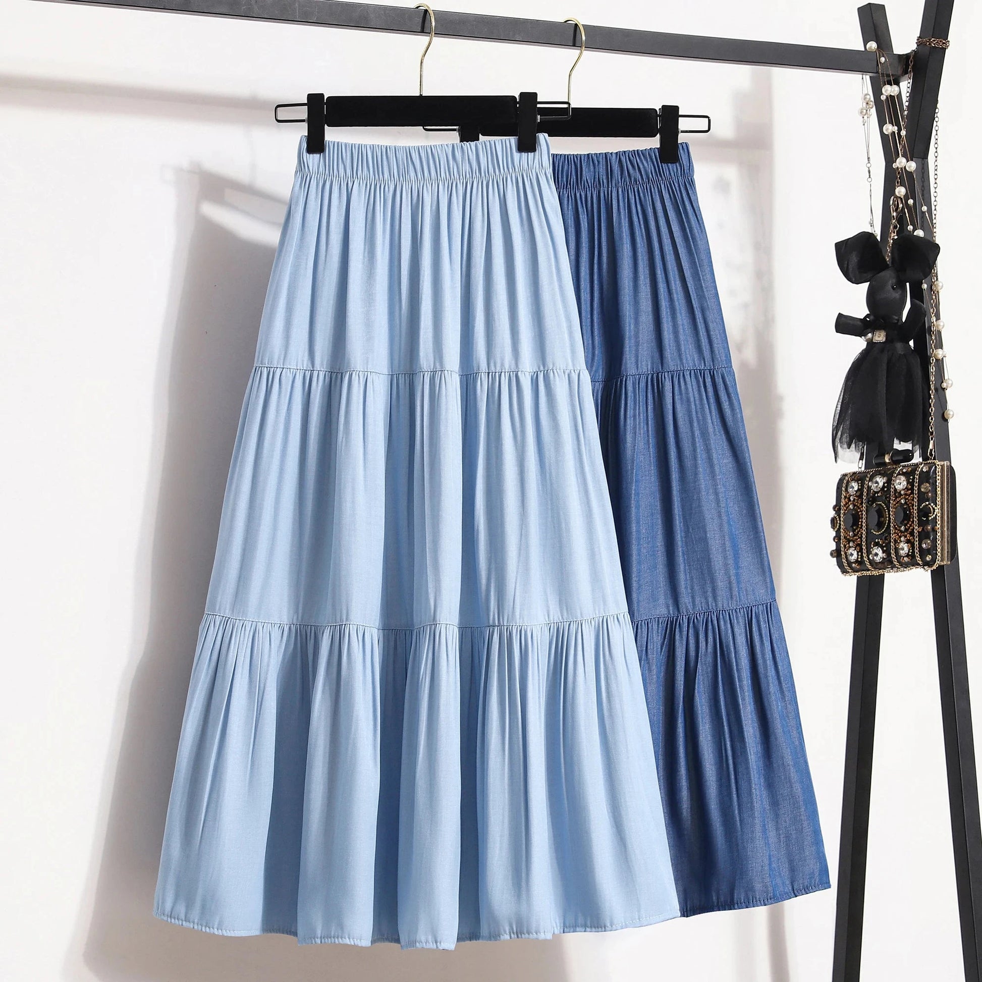 Soft Slik Denim Midi Skirt for Women Blue Jean Elastic Waist Tiered Flared Long Skirt Summer Vintage Casual Daily Outfit GlowCart